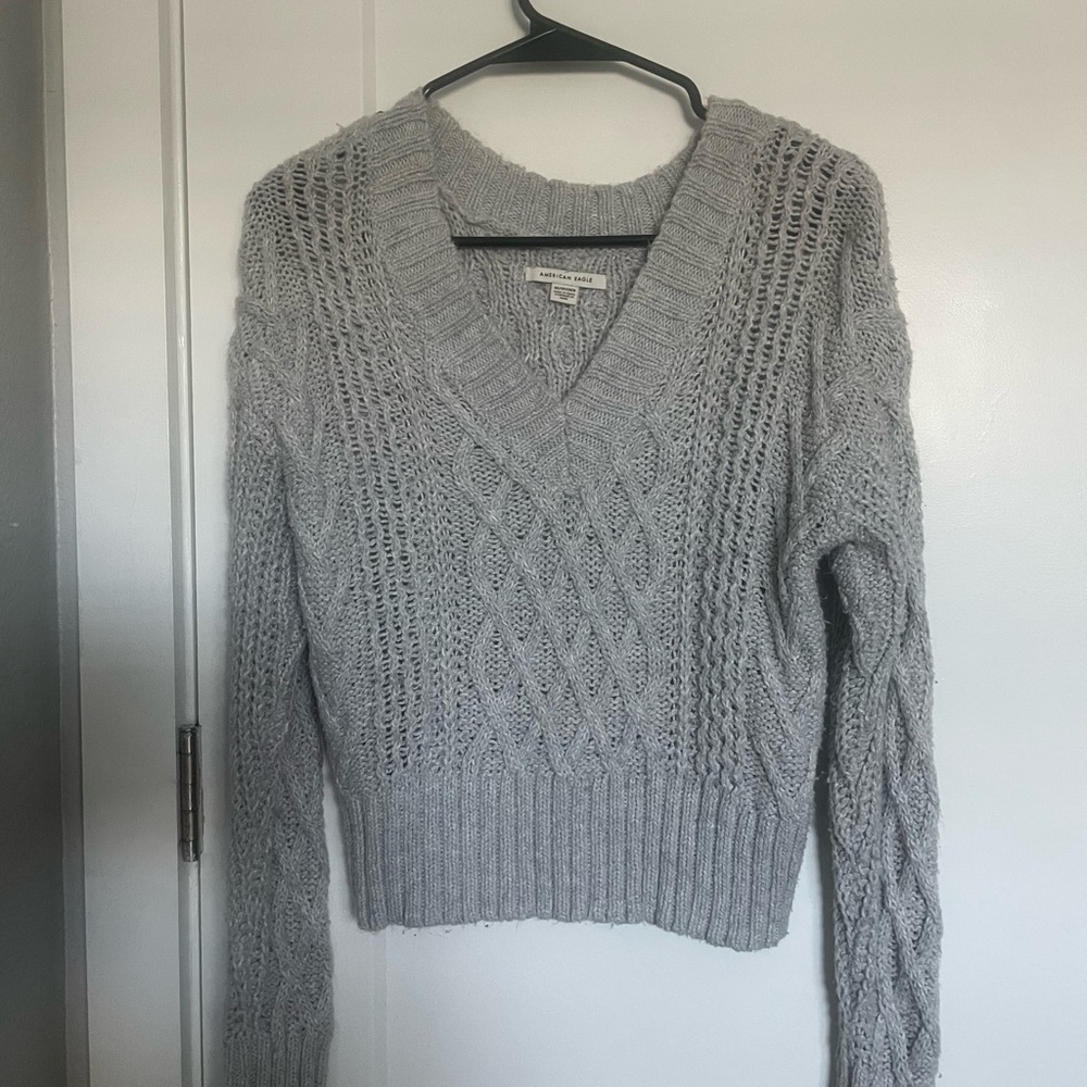 American Eagle Outfitters Light Gray V-Neck Sweater